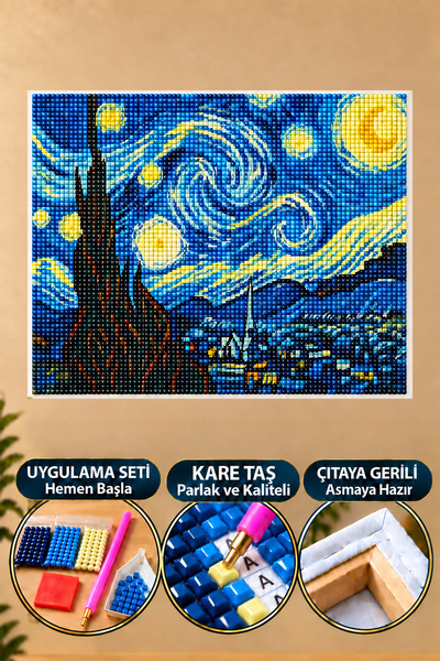 5D Elmas Boyama – Van Gogh Yıldızlı Gece | 40x50cm - Tuvale Gerili Diamond Painting Mozaik Tablo Set