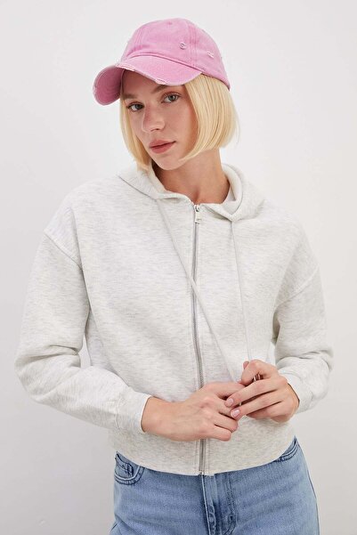 Fulla Moda 3 İplik Basic Fermuarlı Kapüşonlu Sweatshirt