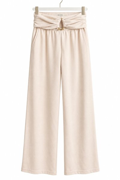 Juuuj Stone Color Viscose Blended Stretch Fabric High Waist Loose Cut Pants w...