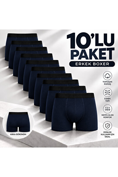 Erkek Pamuklu Likralı Esnek Kumaş Beli Lastikli 10'lu Lacivert Boxer