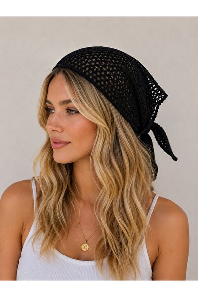 Juuuj Black Knitted Textured Soft Formed Bandana with Tie Detail and Triangul...