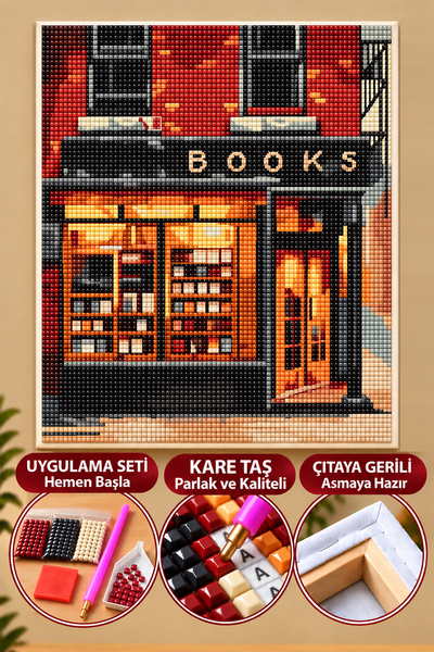 5d Elmas Boyama – Retro Kitapçı | 40x50 cm Tuvale Gerili Premium Dıy Hobi Seti