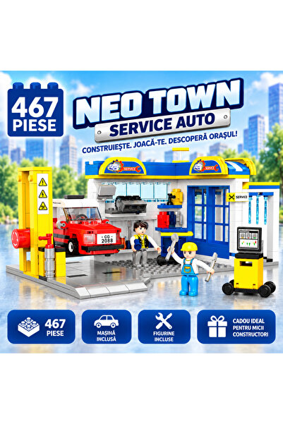 Minibric Set de Constructie cu Piese Tip Blocuri Construit 467 Piese Service Auto, Masina, Elevator