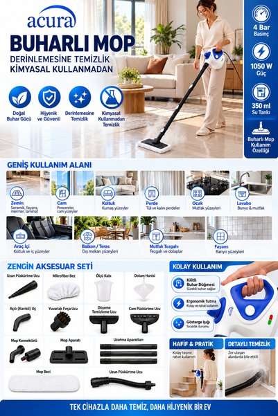 Acura Buharlı Mop ve Buharlı Temizlik Makinesi 4 Bar 1050 Watt Çok Amaçlı 16 Parça Buharlı Temizleyici Aksesuar ve Mikrofiber Bez Dahil