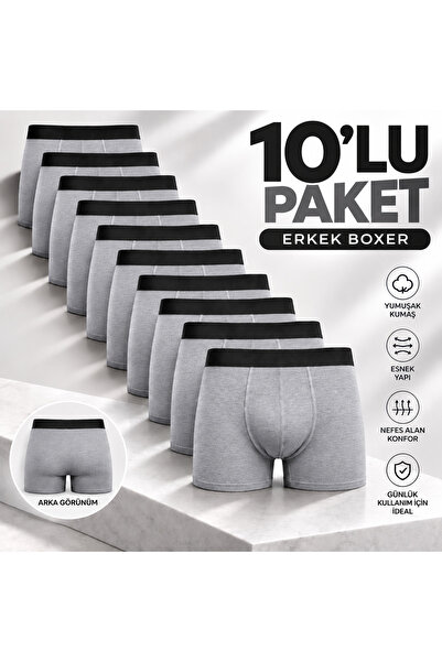 Erkek Pamuklu Likralı Esnek Kumaş Beli Lastikli 10'lu Gri Boxer