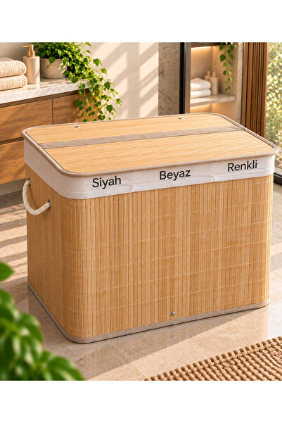 ESTİ Bambu 3 Bölmeli Çamaşır Sepeti 105 L | Kapaklı, Çıkarılabilir İç Hazneli...