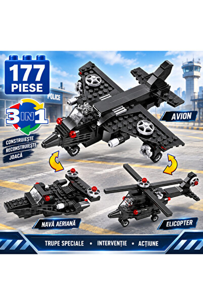 Minibric Set de Constructie cu Piese Tip Blocuri Constructie 177 Piese 3in1 Police Airplane, Elicopter, Avion