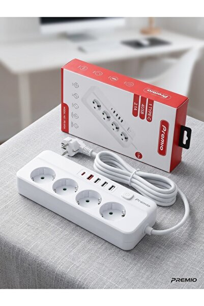 Premio 4 Priz Girişi 4 USB' Li 1 TYP-C Girişli Grup Priz Beyaz Renk 2 Metre 2...