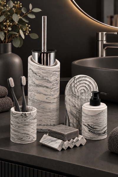 betonmall 6 Parça Mermer Desenli Beton Banyo Seti Katı Sıvı Sabunluk Diş Fırç...
