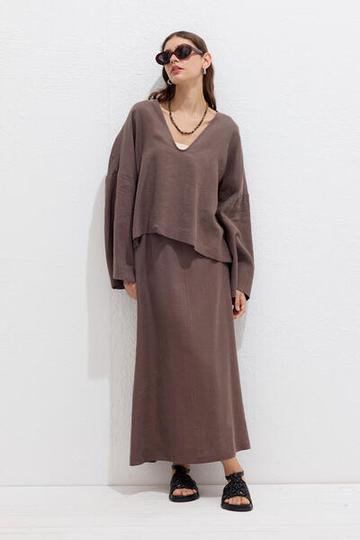 Manuka Lace linen skirt dusty coffee