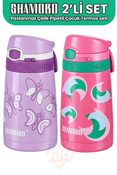 Shamobo Set of 2 Steel Thermos with Straw 350ml -6 Hours Heat Insulation-