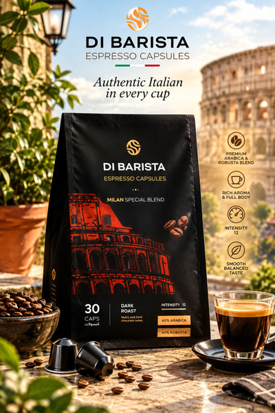 DI BARISTA Milan Espresso Capsules - Capsules Bag 30 Pcs | Bold Dark Roast Arabica Robusta | Nutty Dark Chocolate | Nespresso Compatible