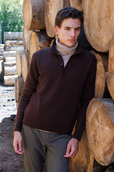 Desen Triko Men's Polo Neck Basic Wool Sweater M.Brown