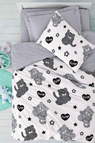 İQON Lastikli Çarşaflı Nevresim Takımı Tek Kişilik Cute Beyaz