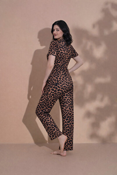 CASPARA Kadın Pijama Takımı Leopar Kısa Kollu Pamuklu Ultra Soft Rahat Kesim ...
