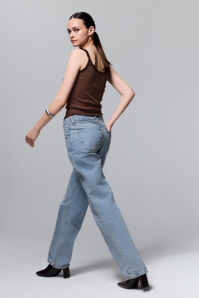 DeFacto 100% Cotton Straight Wide High Waist Jean Trousers - Light Blue