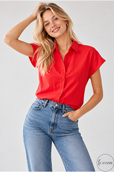 Cassime Women's Red Linen Batwing Short Sleeve Shirt with Buttons