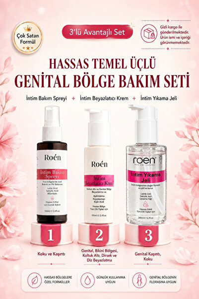 Roen İntim Sprey, İntim Beyazlatıcı Krem, İntim Yıkama Jeli, Hassas Bölge Temel Üçlü Genital Bakım Seti