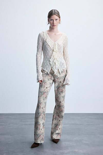 DeFacto Çiçekli Straight Fit Normal Bel Uzun Gabardin Pantolon I5187AX26WN