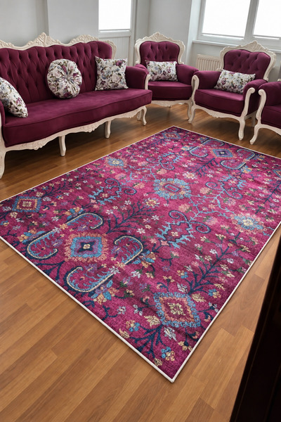 VOPTEKS Fuşya Halı Otantik Halı Vintage Halı Salon Halısı Makinede Yıkanabili...