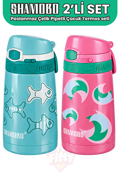 Shamobo Set of 2 Steel Thermos with Straw 350ml -6 Hours Heat Insulation-