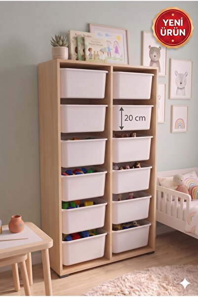 decosense 12 Adet Büyük Çekmeceli 162 cm Safir Meşe Çocuk Odası Oyuncak Dolab...