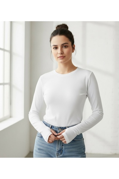 LADY HAZAL White Finger Detailed Slim Fit Cotton Fabric Bodysuit Hzlrbndet01Body
