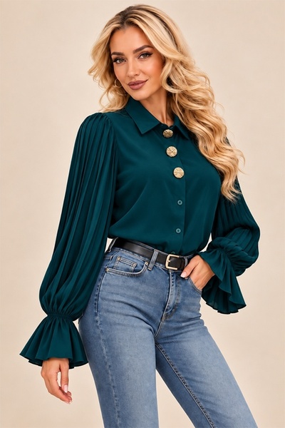 FashionForYou Cămașă amplă cu pliuri LEVIA cu nasturi aurii, bleumarin