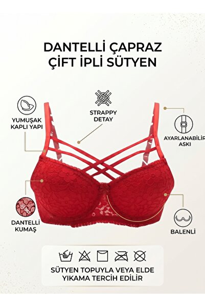 EBRULİ LİNGERİE Silikonlu Destekli Dantelli Çapraz Çift İpli Sütyen