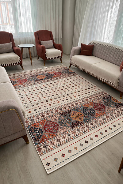 VOPTEKS Renkli Vintage Halı Salon Halısı Makinede Yıkanabilir Kaymaz Taban Halı