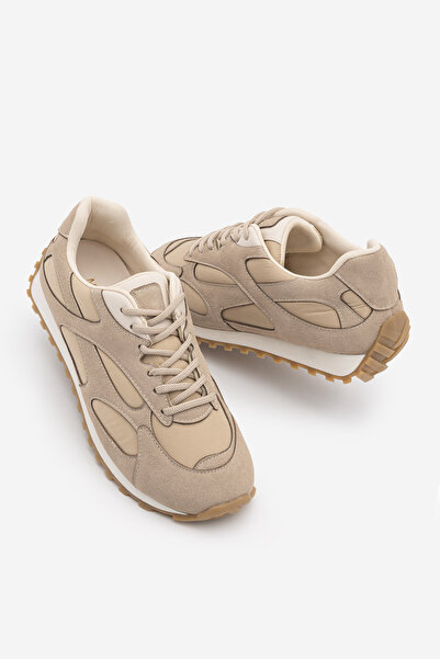 Marjin Women's Suede Detailed Lace-Up Casual Sneaker Sabite Beige Suede