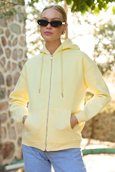 Fulla Moda Basic Fermuarlı Kapüşonlu Oversize Sweatshirt