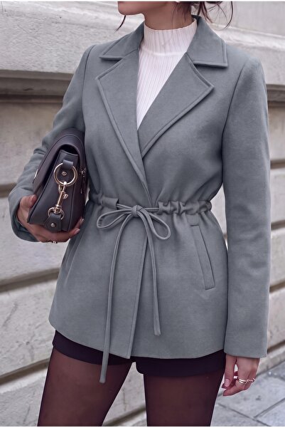 ALFUDO Moda Collection Gri Bağlama Detaylı Rahat Kalıp Kaşmir Hırka/Ceket