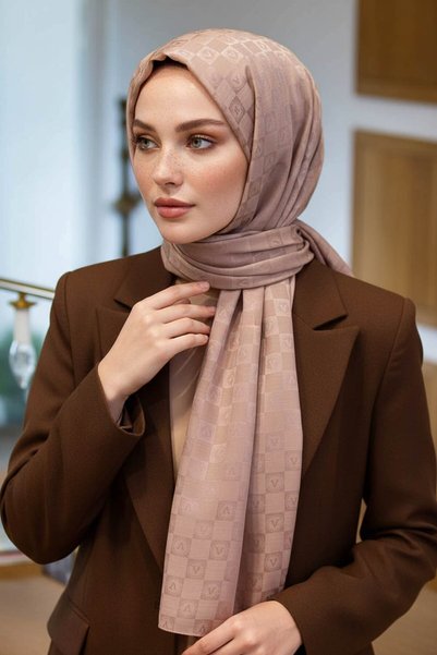 Vissona %57 İPEK %43 PAMUK Monogram Desenli Bakır Renkli Şal - 70x190 Dikiş T...