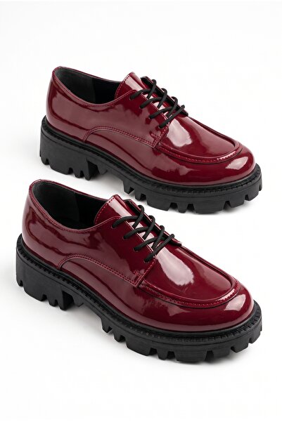 v.s.h velvet Kadın Bordo Rugan Bağcıklı Loafer Düz Taban Günlük Ofis Kadın Ay...
