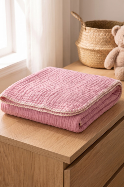 HEİANMONO Baby Blanket 100% Cotton Muslin & 4 Layers of Shepherd's Stitch & Pink (100X120 cm)
