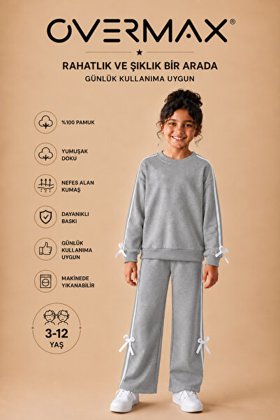 OVERMAX Girl's Striped and Bow Detailed Tracksuit Set – Ages 3-12