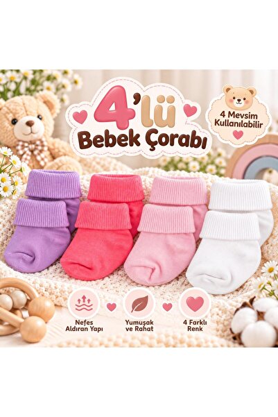 Novibaby 4-Piece Bamboo Baby Socks, Newborn Baby Socks, Girls Boys, White Pin...
