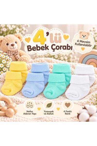 Novibaby 4-Piece Bamboo Baby Socks, Newborn Baby Socks, Girls Boys, White Pin...