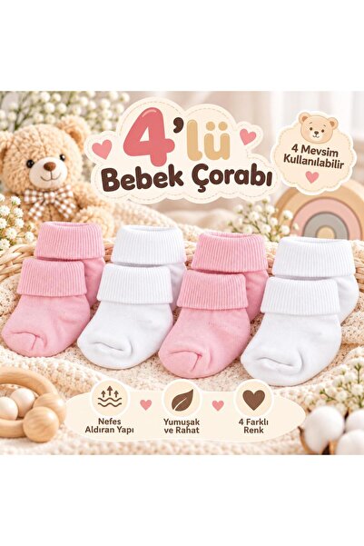 Novibaby 4-Piece Bamboo Baby Socks, Newborn Baby Socks, Girls Boys, White Pin...