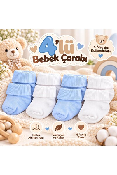 Novibaby 4-Piece Bamboo Baby Socks, Newborn Baby Socks, Girls Boys, White Pin...