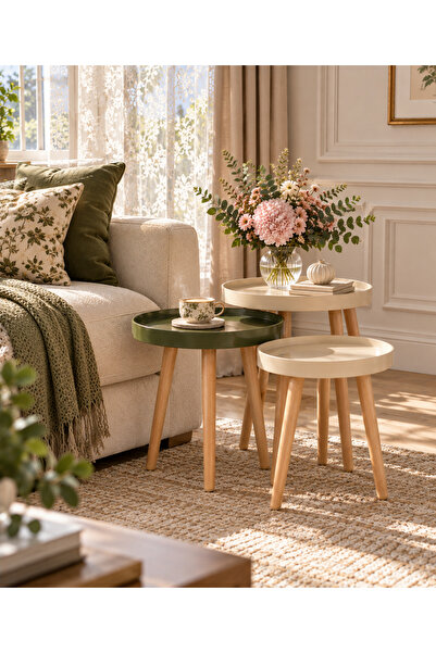 3'lü Zigon Sehpa – Lake Boyalı MDF Tabla – Doğal Kayın Ayak – RAL 6003 RAL 9010