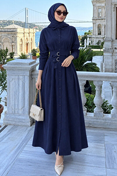 N.S NEVA STYLE فستان إسلامي بياقة قميص وحزام باللون الأزرق الداكن 30951L