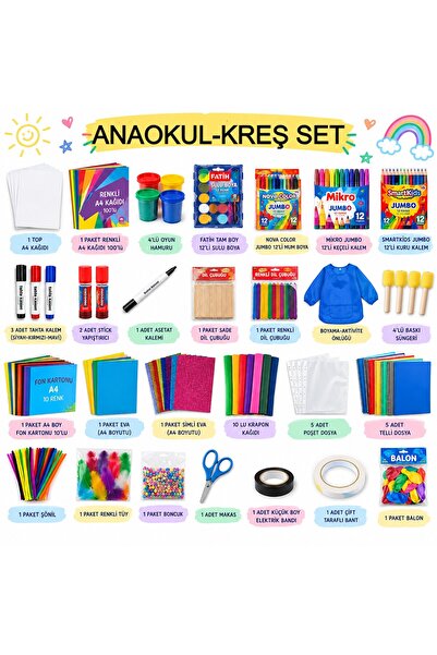 Anaokulu Kreş Kırtasiye Seti İhtiyaç Listesi | A4 Kağıt, Boya, Oyun Hamuru, EVA, Fon Kartonu ve Aktivite Malzemeleri