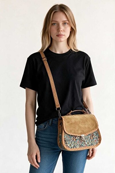 EliziBySevim Authentic Patterned Suede Cover Hand and Shoulder Bag