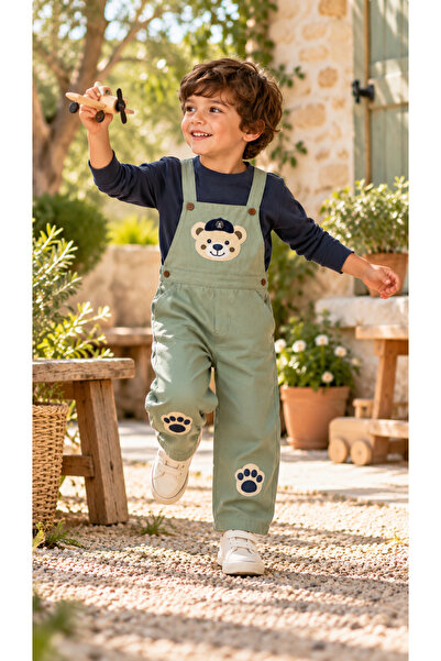 NOTA KİDS Boy's Teddy Bear Embroidered Gabardine Salopet Set – 2-Piece Set wi...