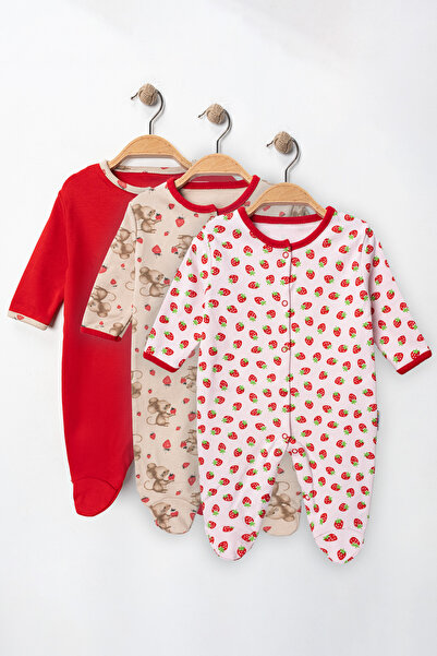DEFNE LİNA BABY Baby Girl Printed Cotton Booties 3-Piece Jumpsuit Set Colorfu...