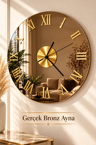 Mgs DUVAR SAATİ BRONZ AYNALI GOLD ROMA RAKAMLI DUVAR SAATİ