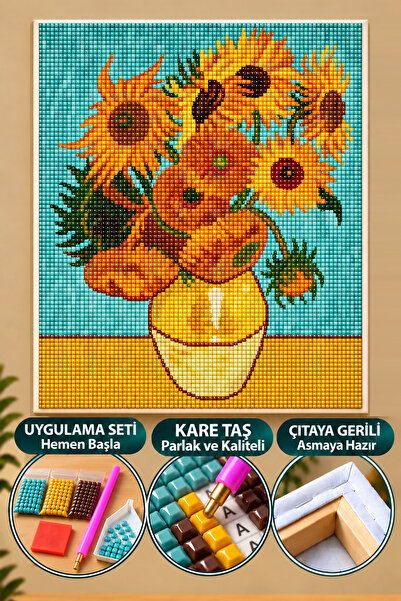 5d Sayılarla Elmas Boyama 40x50 Cm Van Gogh Ayçiçekler Mozaik Tablo Tuvale Gerili Puzzle Hobi Seti