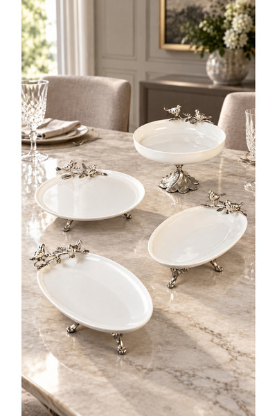MAY HOME 4 Parça Ayaklı Porselen Kuş Detaylı Lüks Set & Kayık Tabak Ayaklı Ka...
